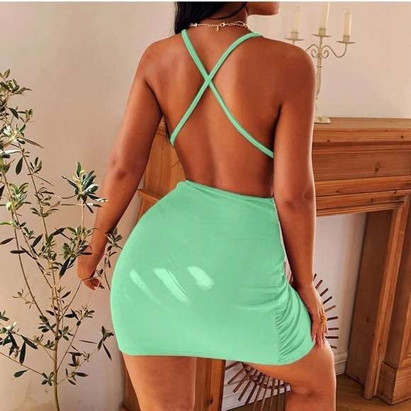 Women Sexy Dress Club Night Satin Slip Deep V Neck Ruched Bodycon  Sleeveless - Picture 5 of 9